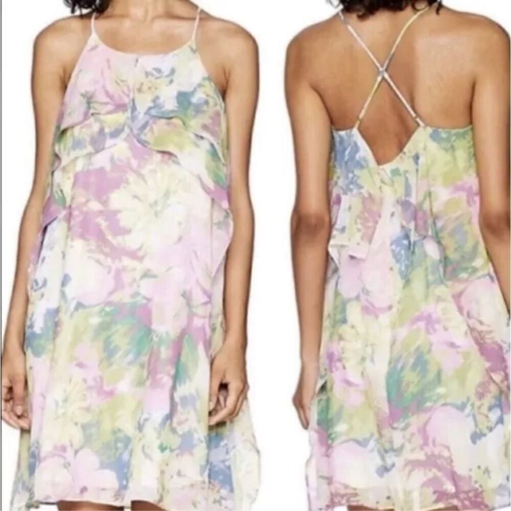 BCBGMaxAzria Chiffon Sheer Flowy Floral Watercolor Pink Multi Slip Strap Sz S‎